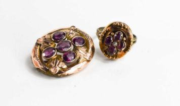 A rose gold (unmarked) and amethyst oval brooch / pendant, together with a similar ring, size L/M,