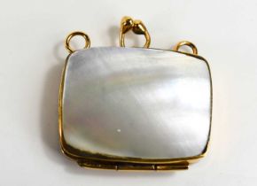 A gold and mother of pearl miniature purse / trinket box, unmarked but testing as at least 9ct gold,