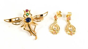 A 9ct gold, sapphire, ruby and emerald brooch in the form of a dragonfly, and a pair of 9ct gold and