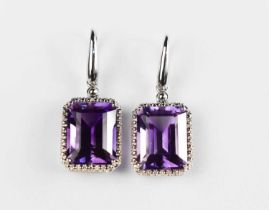 A pair of 18ct white gold and amethyst drop earrings, 8.9g.