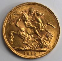 A George V full gold sovereign, dated 1912.