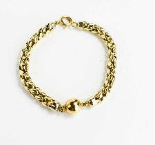 A 9ct gold bracelet of braided or pierced interlink form, with central suspended ball, 21cm long,
