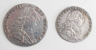 Two George III silver coins, comprising of a shilling and sixpence, both dated 1787.