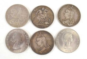 A group of various crowns, comprising three Victorian examples, two from 1892, one 1889, a 1937