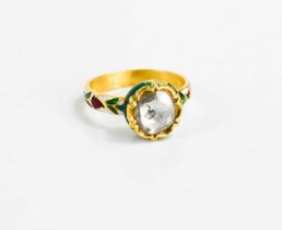 A diamond, gold and polychrome enamel ring, in the Georgian style, the flat rose cut diamond 7mm