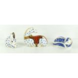 Three Royal Crown Derby animal paperweights, comprising horse lying down, circa 1991, with silver