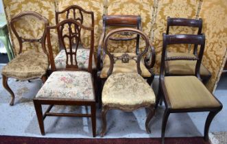 A group of Victorian and later dining chairs, to include an examples with c scroll arms, all are