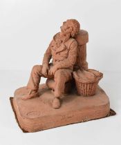 A 19th century French E. Blot terracotta figure of a sleeping fisherman inscribed with title '