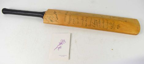 Football ephemera: a cricket bat, signed by the 1965 Arsenal, Leicester City and Peterborough United