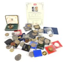 A large group of commemorative coins to include St Helens Primary School, The Queen Mother 80th