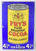 A vintage Fry's Breakfast Cocoa enamel sign, having maker's mark Garnier & Co verso, 53cm by 35cm.
