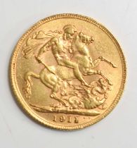 A George V full gold sovereign dated 1911.