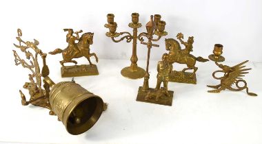 A group of brassware to include a British policeman and bulldog standing under a street light figure