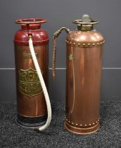 Two vintage copper fire extinguishers, one Rex example, makers shield form plaque in brass 'Rex