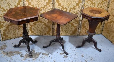 A Victorian burr walnut work box, the octagonal lid enclosing fitted interior, tapering trunk,