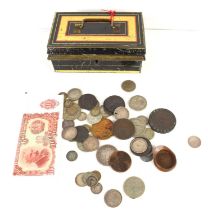 A metal tin with a quantity of GB coinage to include a George III cartwheel twopence dated 1797,