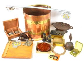 A group of collectables to include RAC and AA badges, brass and copper coal bucket, a brass State