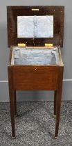 An Edwardian rosewood sewing stand, with lift up lid, lined interior, raised on tapered square