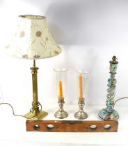 A brass column form lamp together with a painted lamp base depicting birds, two silver plate and