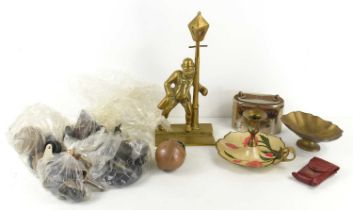 A group of collectables to include a brass ornament of a gentleman standing beneath a lamppost,