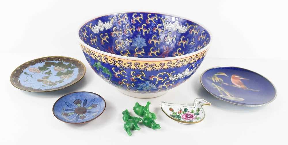A three Chinese cloisonne dishes, and a Chinese bowl with blue ground decorated with stylised