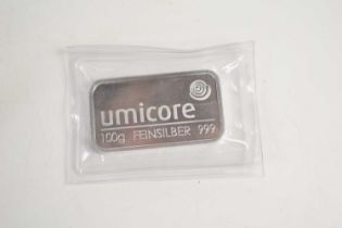 A 100g Umicore silver bar, 999 finesse.