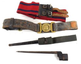 A WWI era British Army leather belt with Dieu et Mon Droit buckle, together with a Royal Engineers