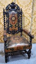 A 19th century throne chair, the oak frame with pierced and carved back panel, lion head arms and