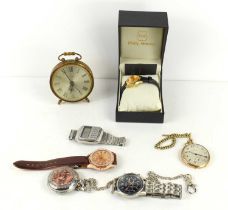 A group of watches and clocks to include an Elkington gold plated pocket watch, Seiko quartz digital