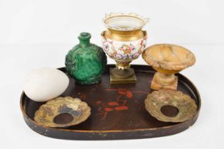 A malachite scent bottle, a small antique urn; possibly Blue John, a 19th century porcelain hand