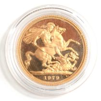 A Queen Elizabeth II full gold sovereign dated 1979.