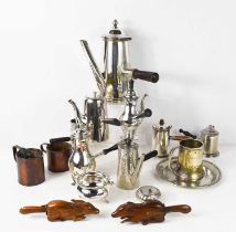 A group of pewter and silver plated chocolate pots, hot water jug, tray and other items, together