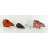 Two Wedgwood, Kings Lynn glass mice paperweights, in clear and brown glass together with two pigs,