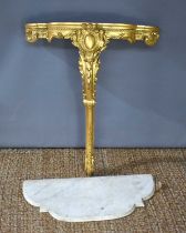 A 19th century giltwood console table, with white marble top, the carved and gilded base having