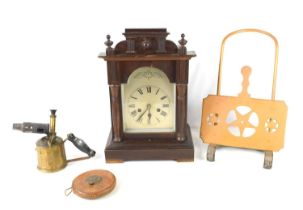 An oak cased bracket clock, circa 1890, together with a vintage brass blow torch, a groundsman's