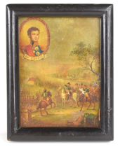 A framed 19th century papier mache box lid decorated with a battle scene and an oval portrait of