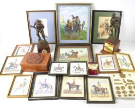 A group of military related items to include a Royal Engineers wooden cigarette box dated 1944,