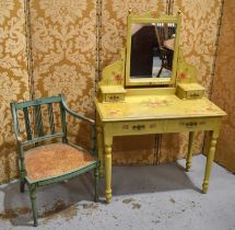 An antique painted pine dressing table, with mirror back, and single long drawer, painted with