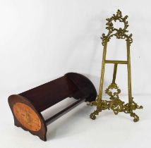 A 19th century mahogany inlaid table book stand, together with an antique cast brass table easel.