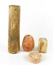 A group of four Studio pottery pieces, one of tall cylindrical form, one egg form, and one