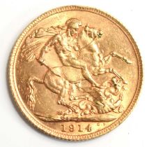 A George V full gold sovereign dated 1914.