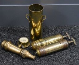 Two brass travelling fire extinguishers: Auto Minimax Handpump Type D Major, dated 1969, and