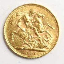 A Edward VII gold full sovereign dated 1907.