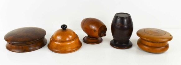 A group of 19th century treen, to include two barrel form string boxes; one lignum vitae example,
