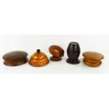 A group of 19th century treen, to include two barrel form string boxes; one lignum vitae example,