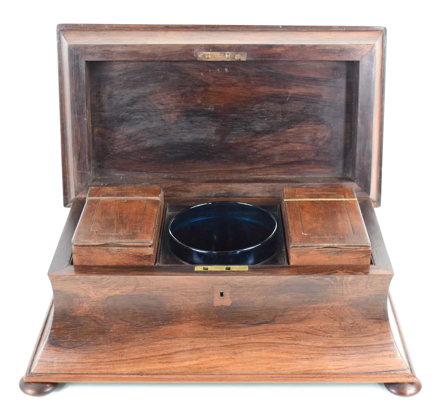 A 19th century tea caddy of sarcophagus form, with blue glass bowl flanked by lidded compartments, - Image 2 of 2