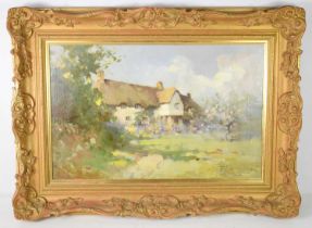 Frederick Hall (1860-1948): Rose Cottage, Suffolk, study of a thatched cottage with summer