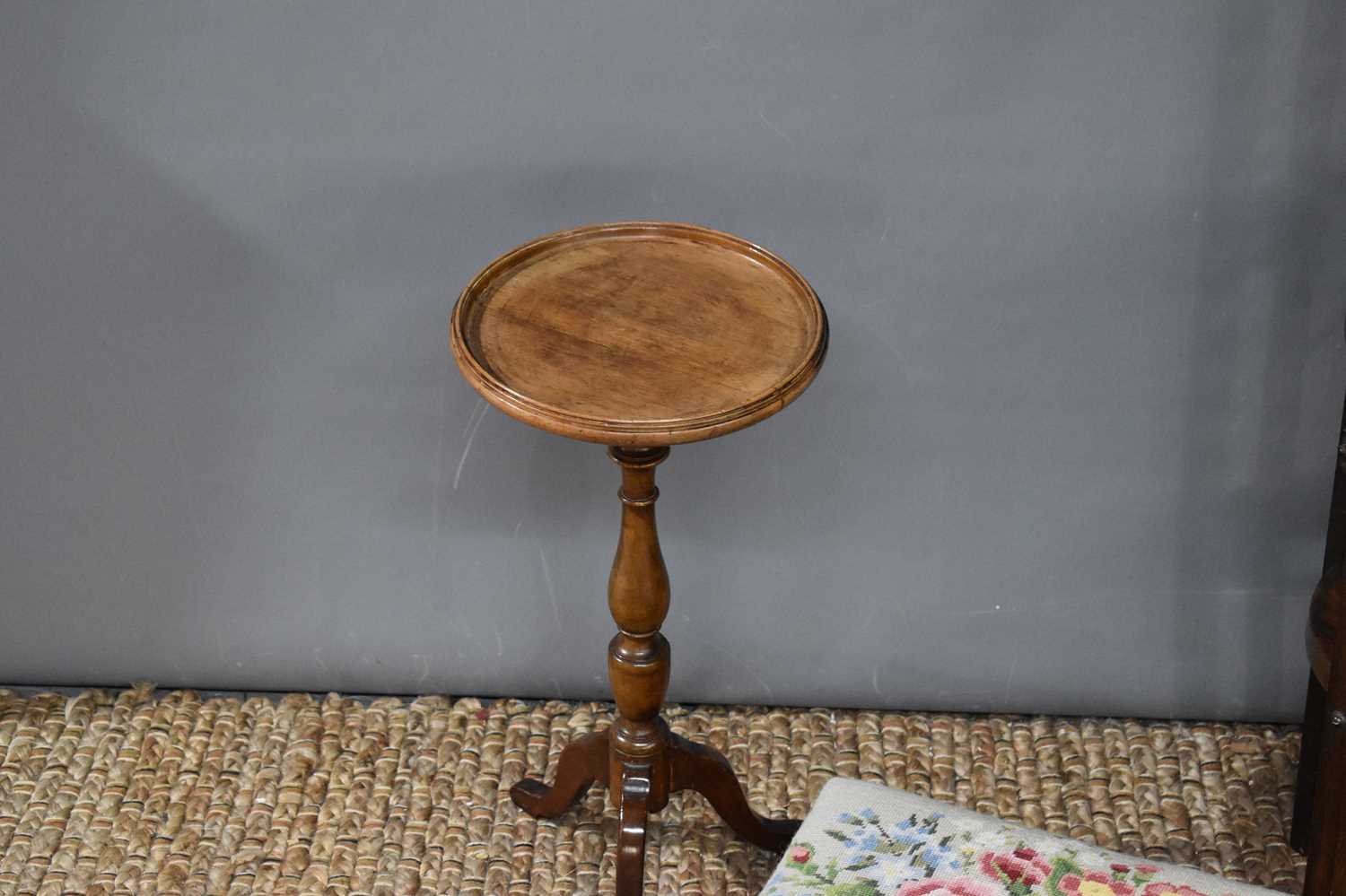 A 19th century mahogany wine table together with an oak folding cake stand a upholstered stool. - Image 2 of 2