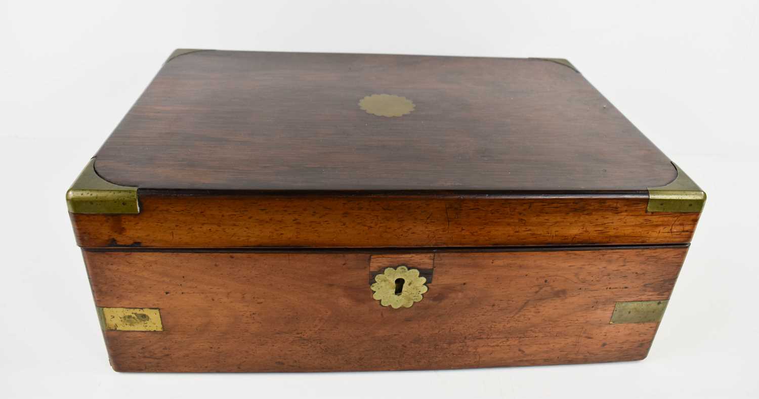 A 19th century rosewood and brass inlaid work box, the lid opens to reveal a leather clad work - Image 2 of 3