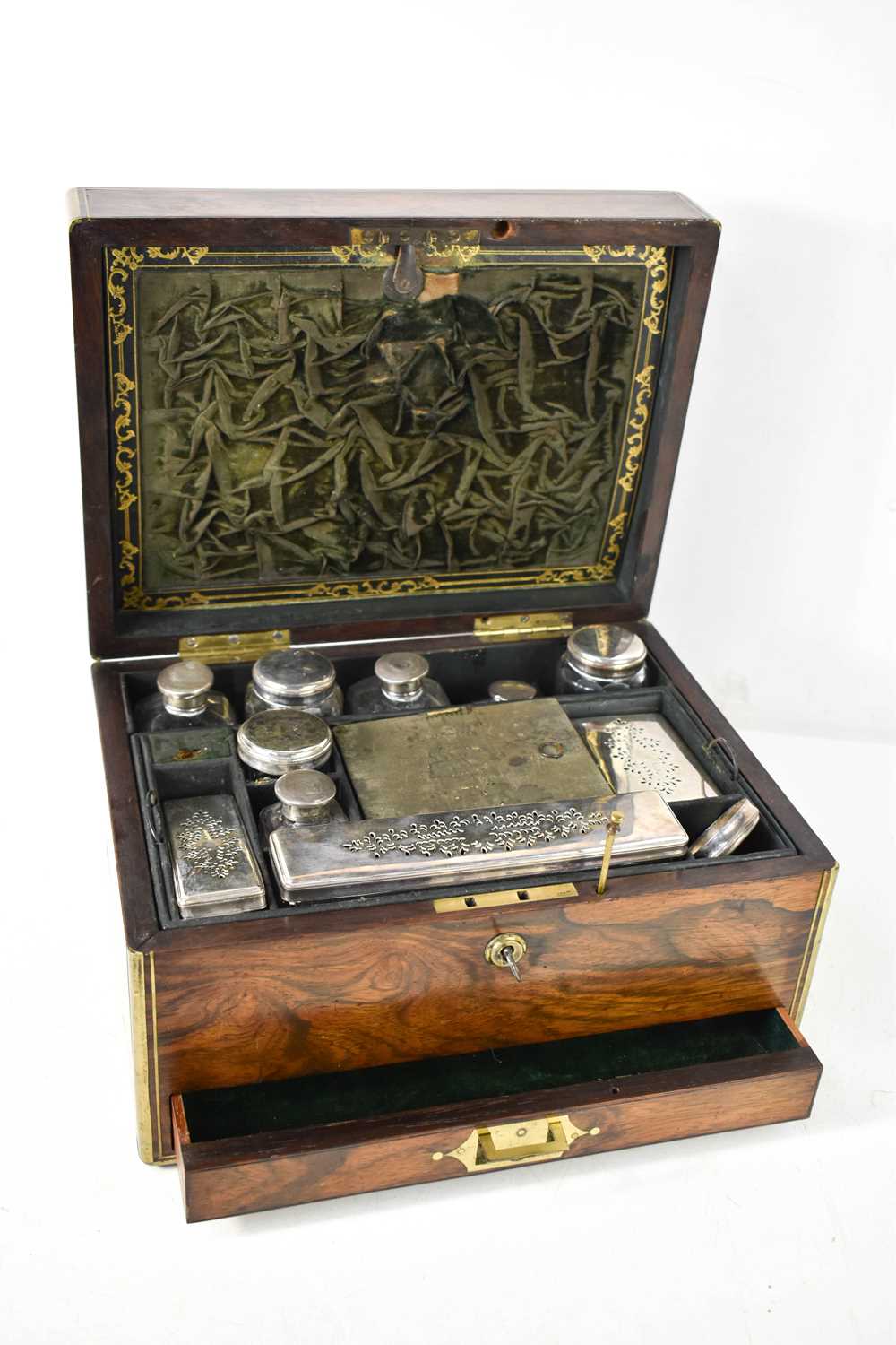 A 19th century rosewood travelling vanity case, with brass inset handles, the fitted interior - Image 2 of 2